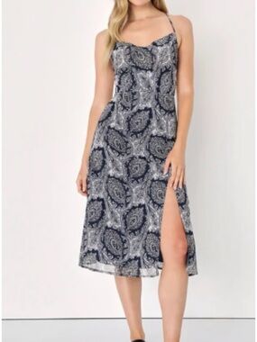 Lulus size small Navy Paisley Slip Midi Dress with Side Slit